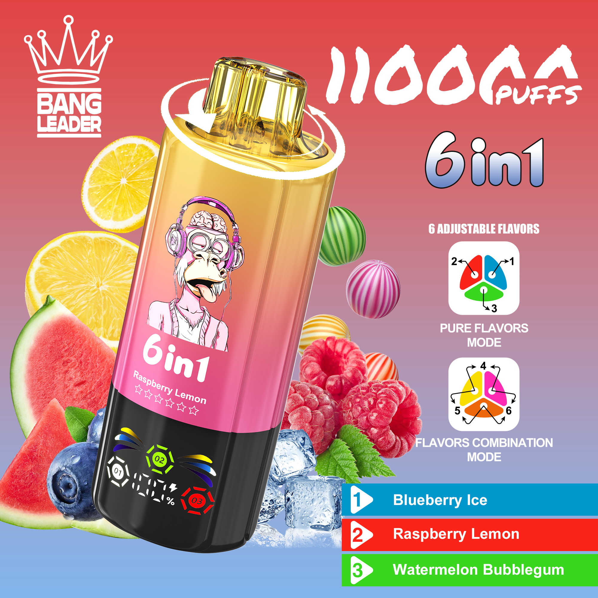 Bang Leader 110K Puffs 6-in-1 Prefilled  Vape | 6 Flavors in 1 Device,  Rechargeable, 3%/5%