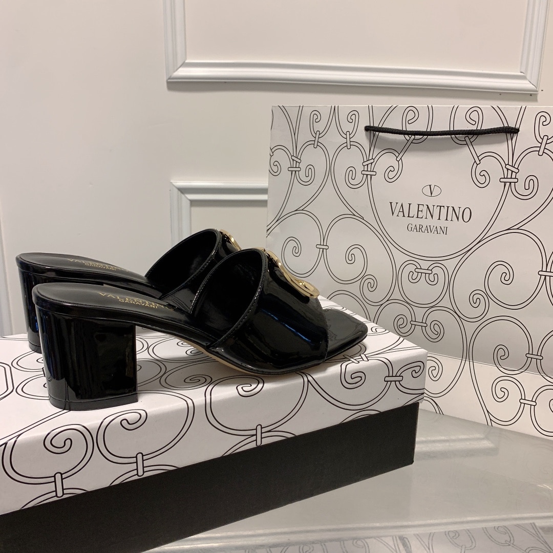 Valentino VLogo Signature Square-Toe Mid-Heel Slide Sandals - Black