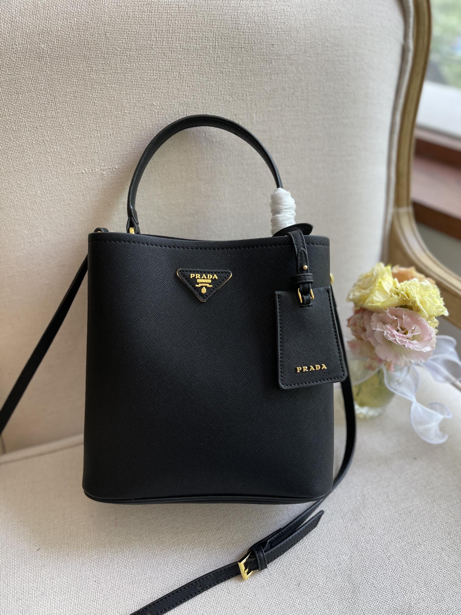 Prada Medium Saffiano Leather Panier Bag Black
