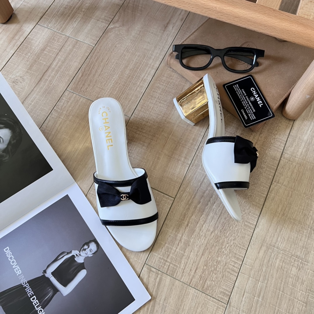 Chanel Grosgrain Ribbon Bow Mule Leather White