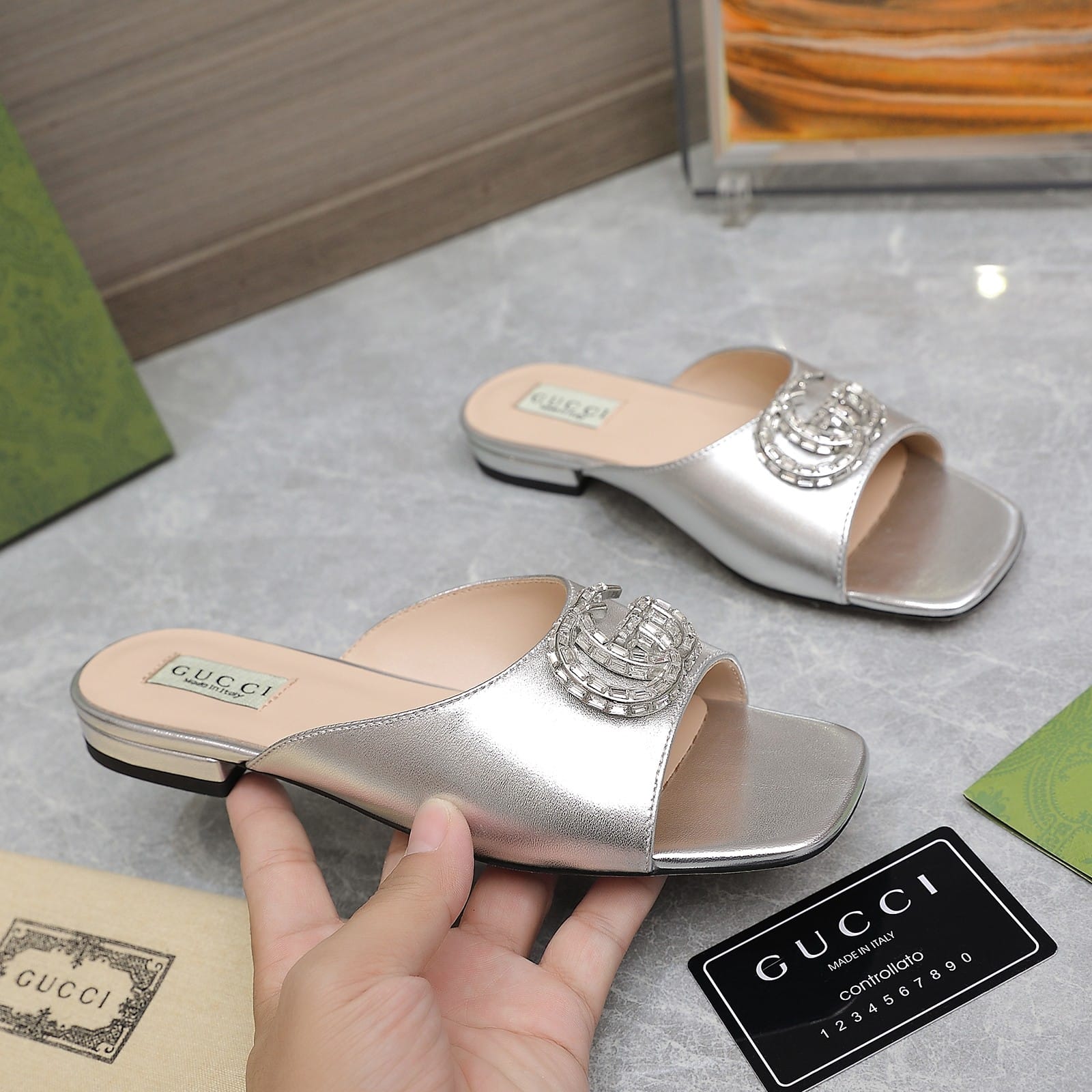 Gucci Gg Crystal Slippers Silver