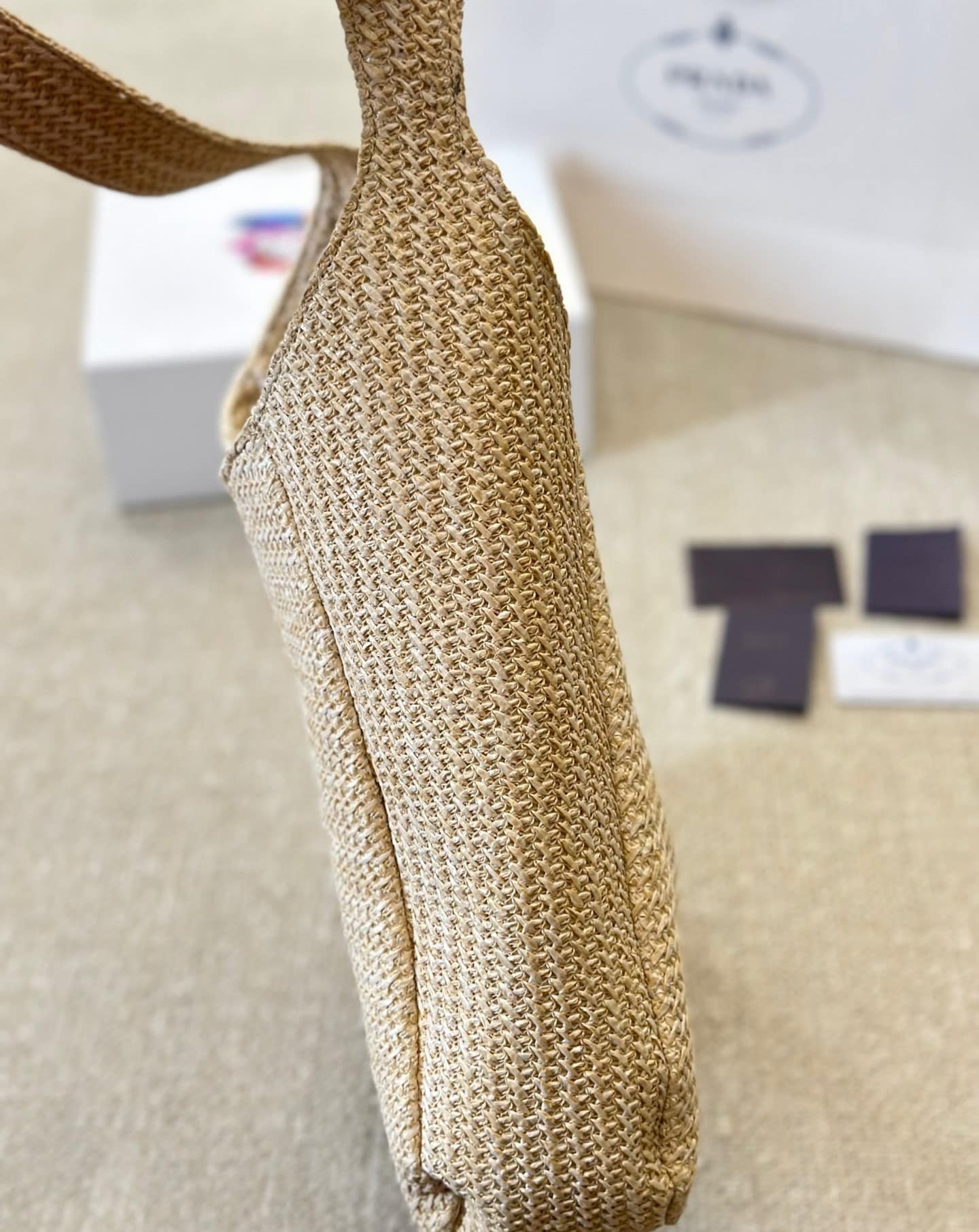 Prada Logo Embossed Raffia Shoulder Bag Beige 33Cm 1Bc186Vouo2A2T
