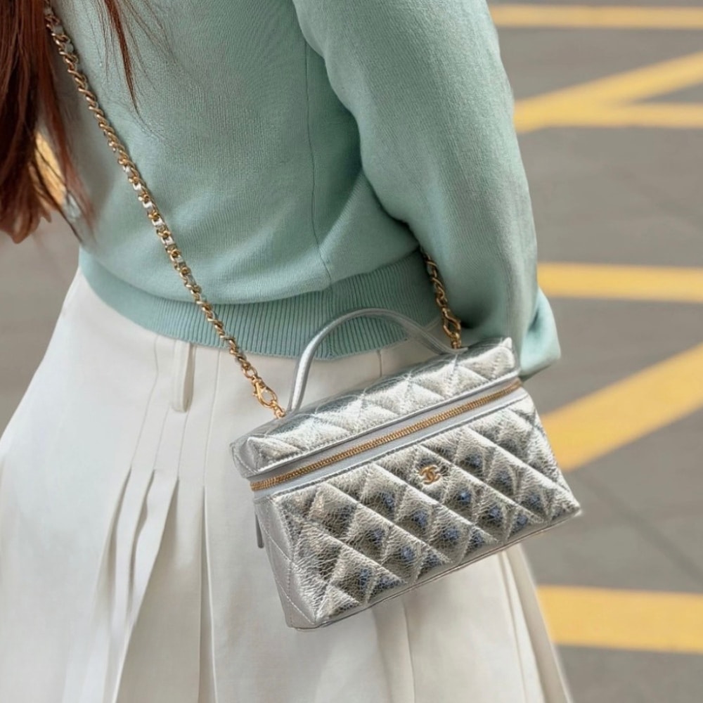 Chanel Vanity Case With Chain Metallic Silver 20Cm