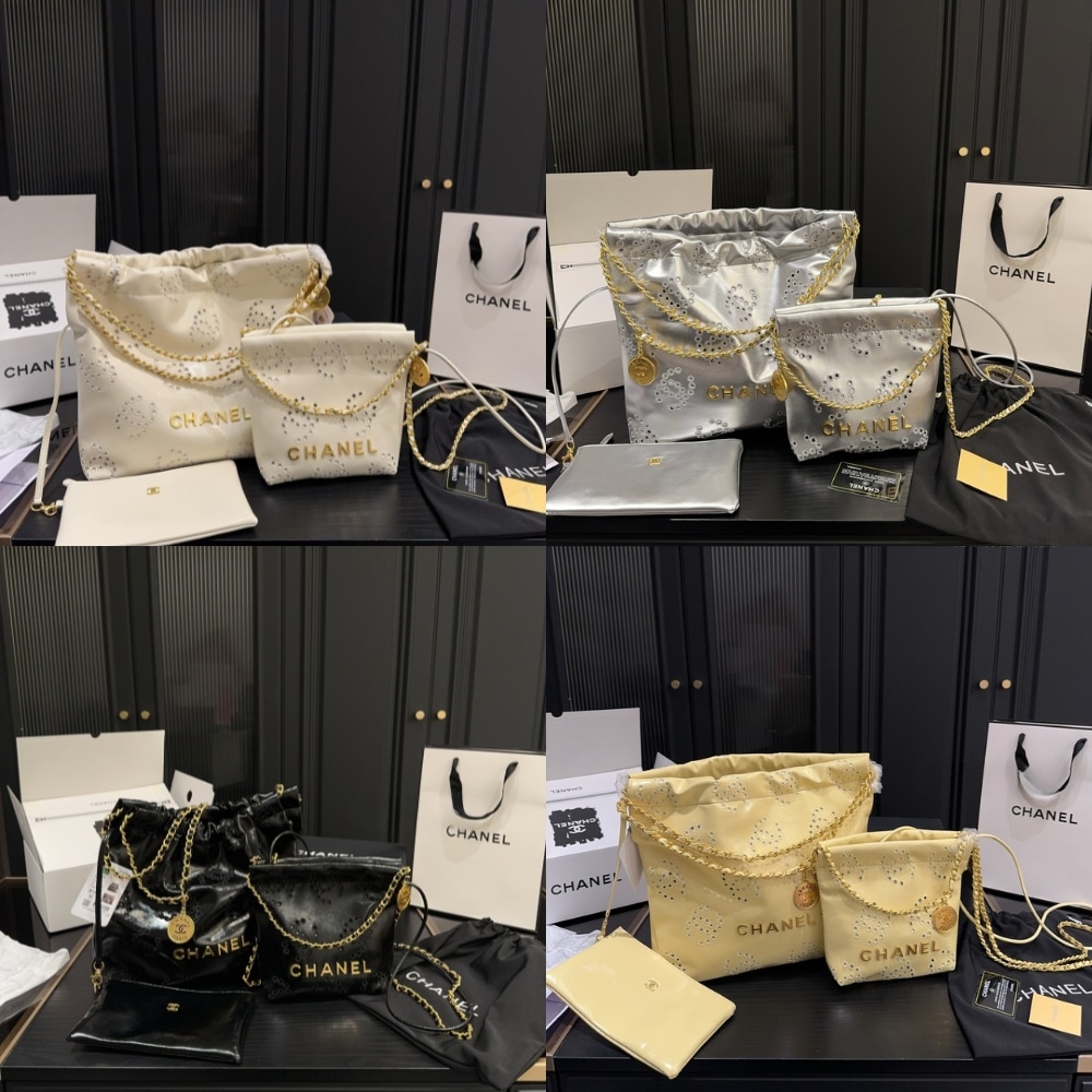 Chanel 22 Mini Handbag Shiny And Gold Tone Metal White 19cm/7.5in As3980 B19648 10601
