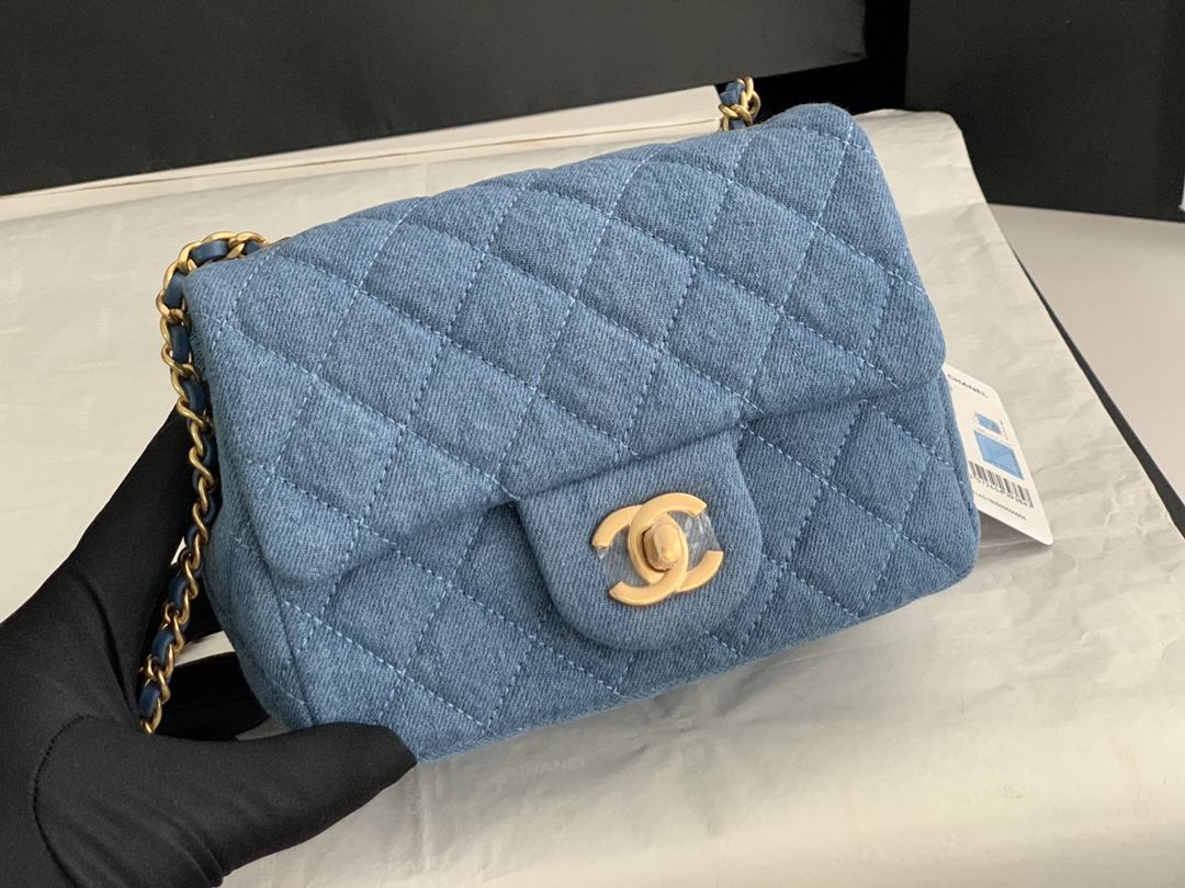 22C Classic Mini Flap Bag (Square) with Adjustable Ball Chain in Washed Denim Blue, Chevron Quilted, Gold-Tone Hardware