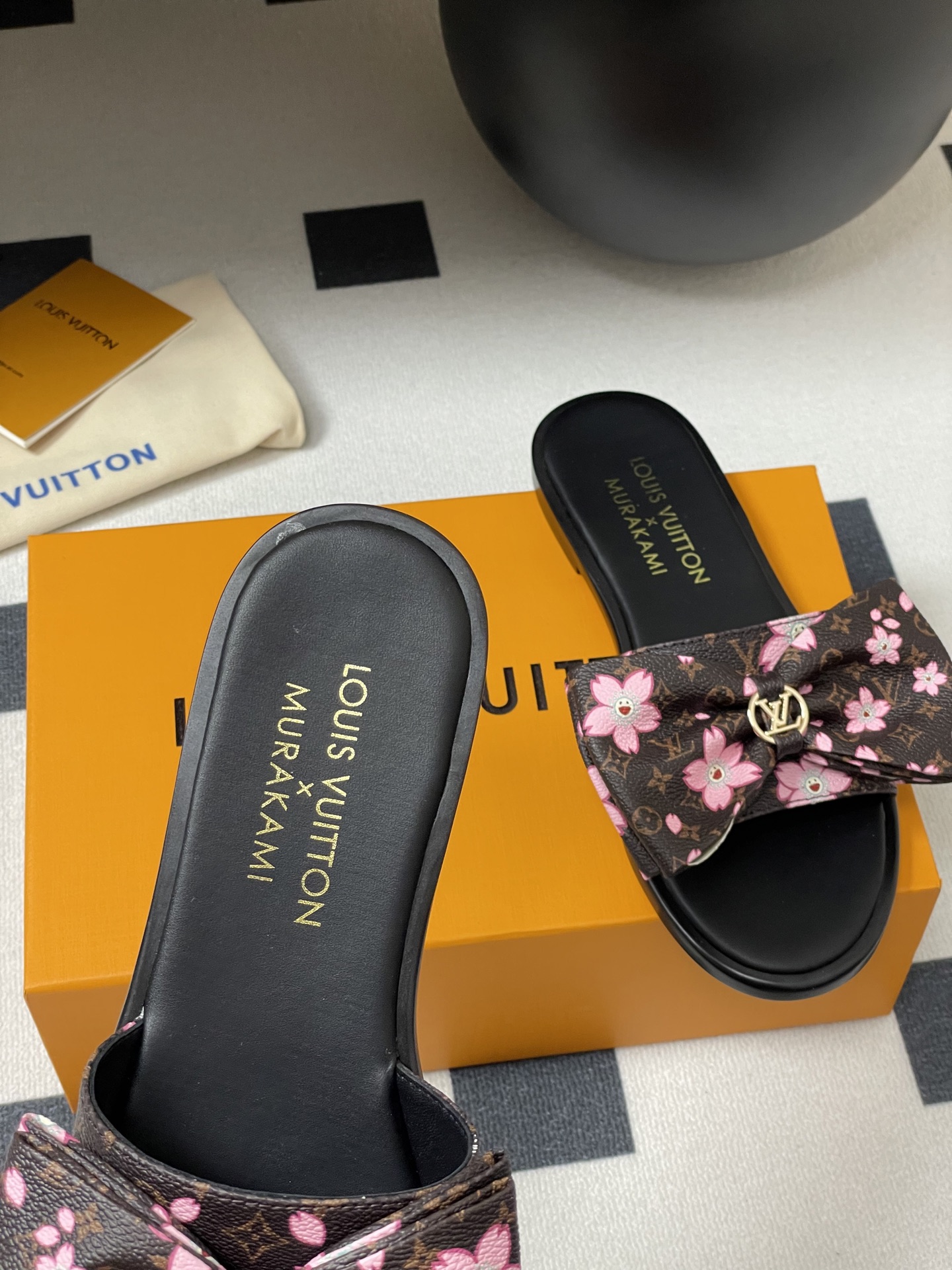 Louis Vuitton x Takashi Murakami Lily Flat Mule Bow Slide Sandals Black 1AGVYA