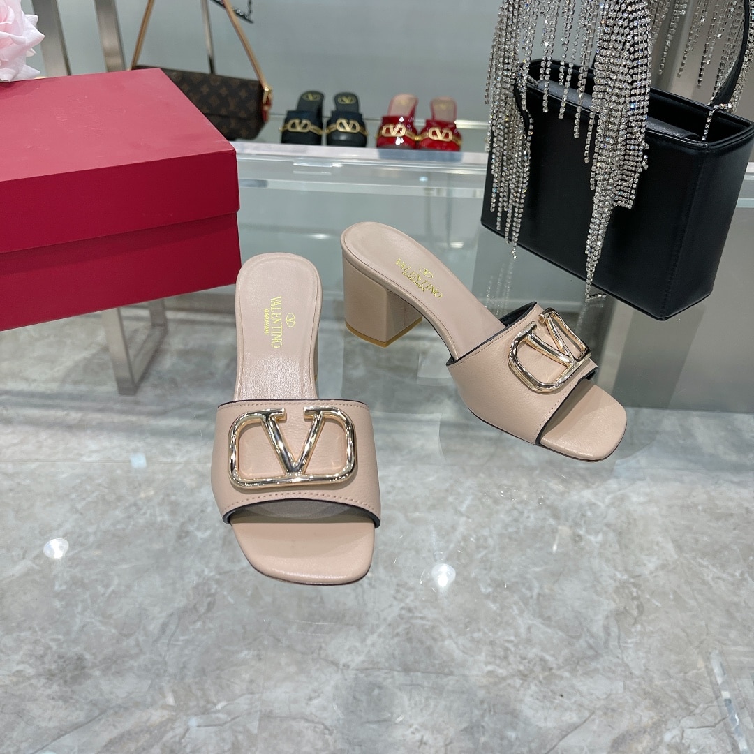 Valentino VLogo Signature Square-Toe Mid-Heel Slide Sandals – Silver & Poudre
