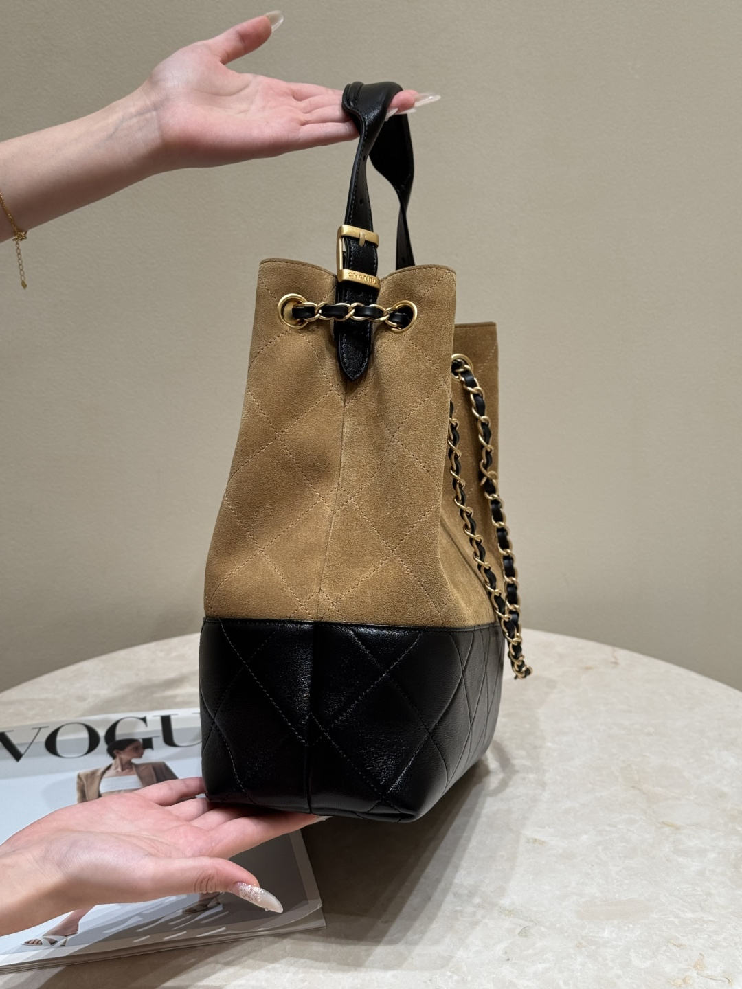 25A Pre-Fall Collection AS5634 Hobo Bucket Bag in Caramel Suede Calfskin & Black Lambskin with Antique Gold-Tone Hardware