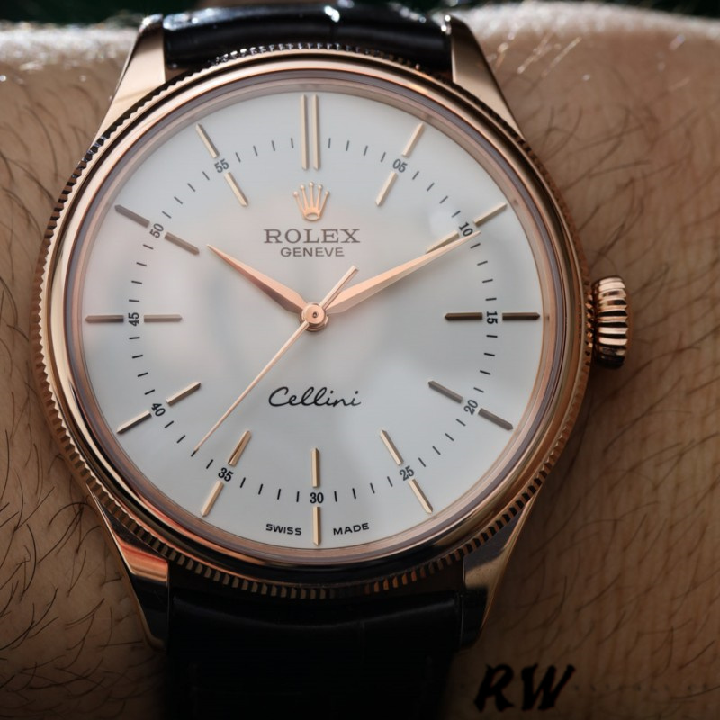 【Super Clone】Rolex Cellini Time 50505 Black Leather Strap White Dial 39mm Mens Replica Watch