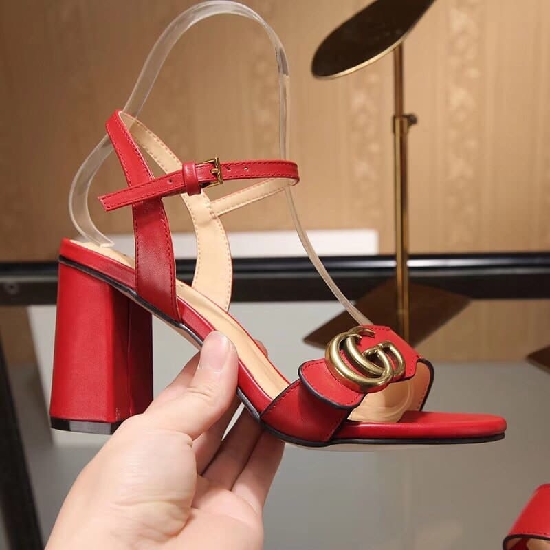 Gucci Leather Mid Heel Sandal Red