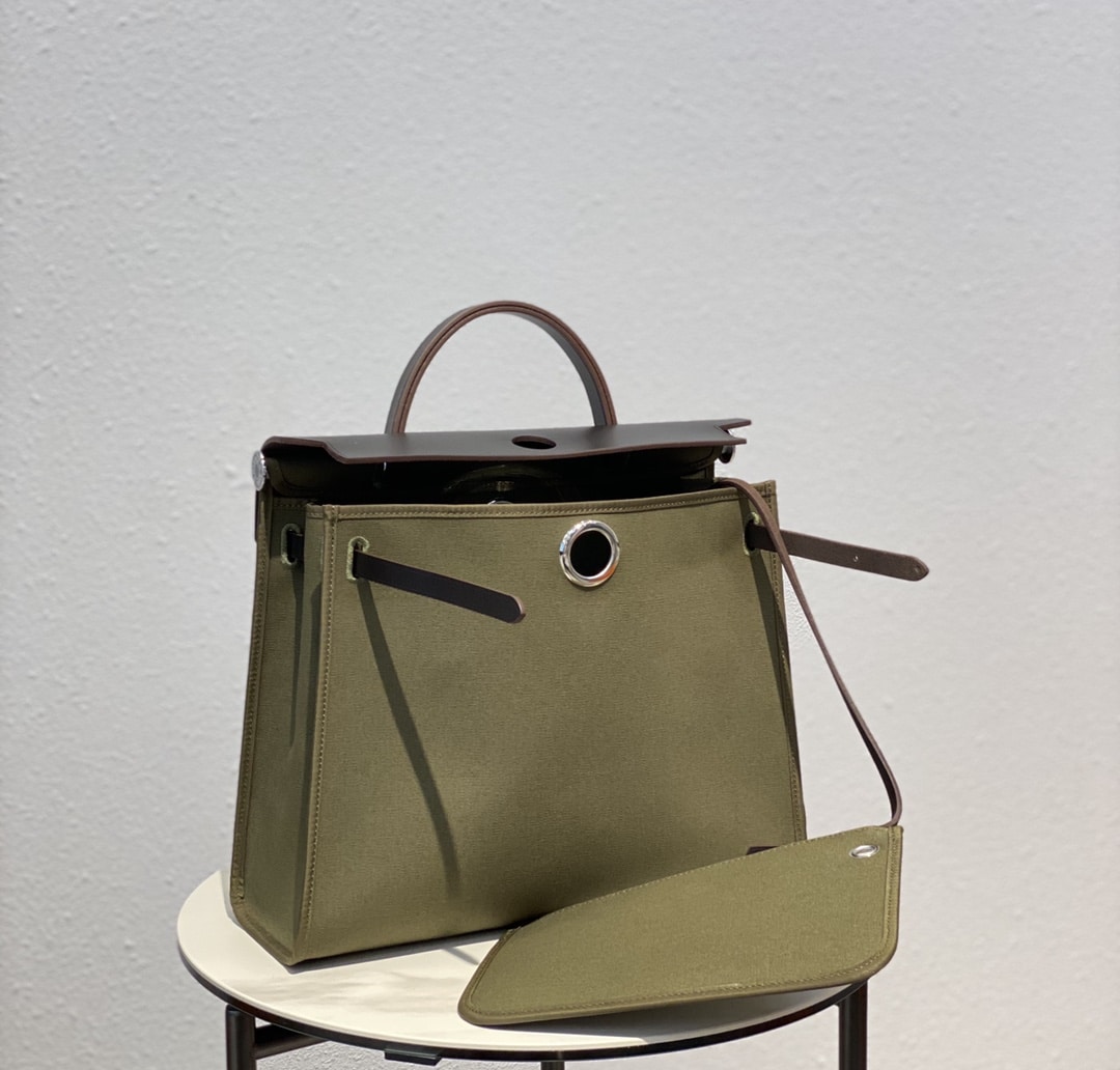 Hermes Herbag Zip 31 Bag Palladium Hardware Khaki 31Cm