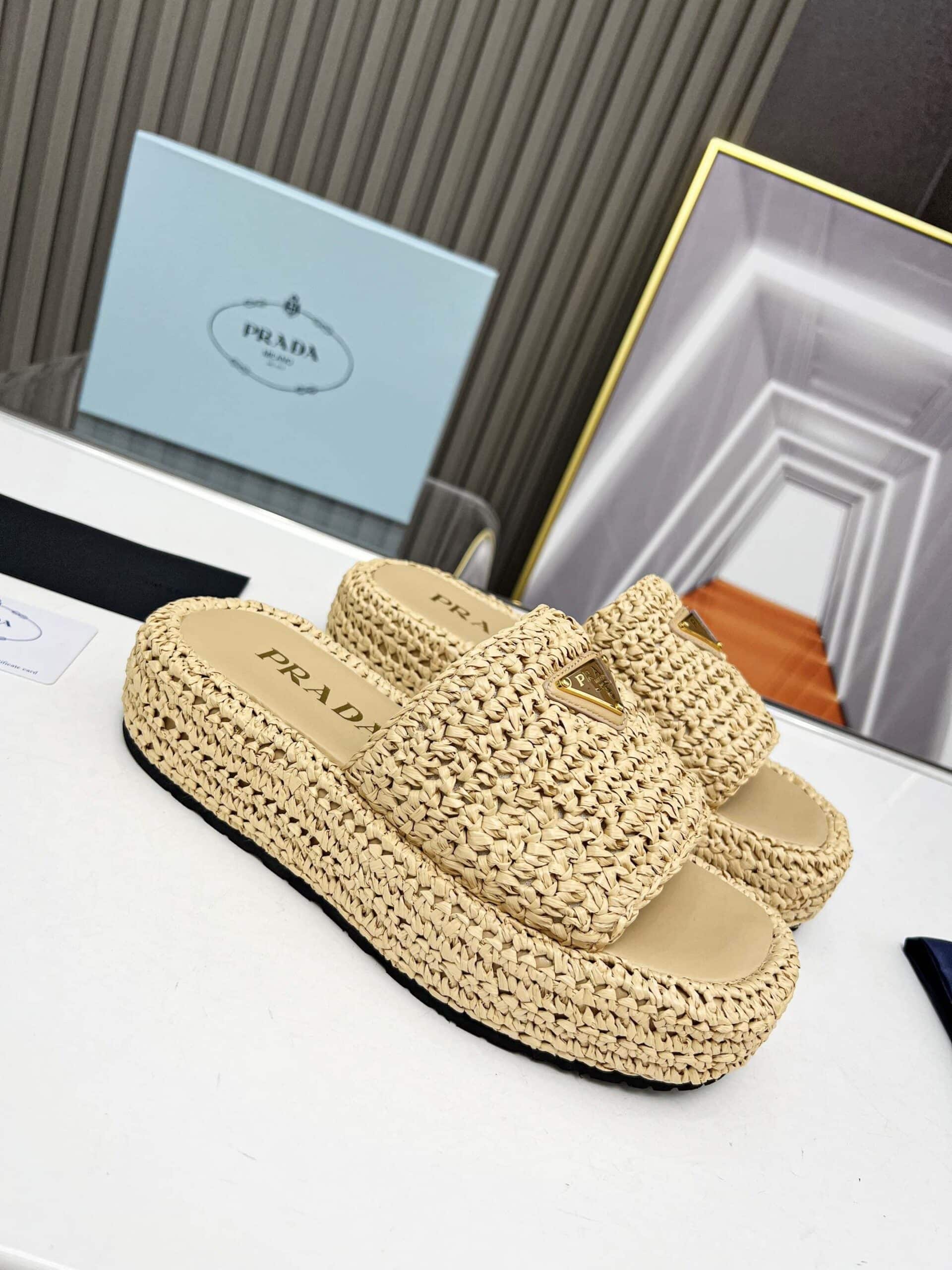 Prada Natural Crochet Platform Slides