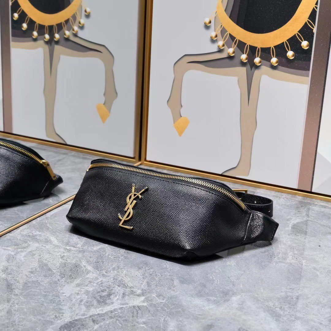 Saint Laurent Belt Bag Ysl Logo Appliquéd Leather Black 25Cm