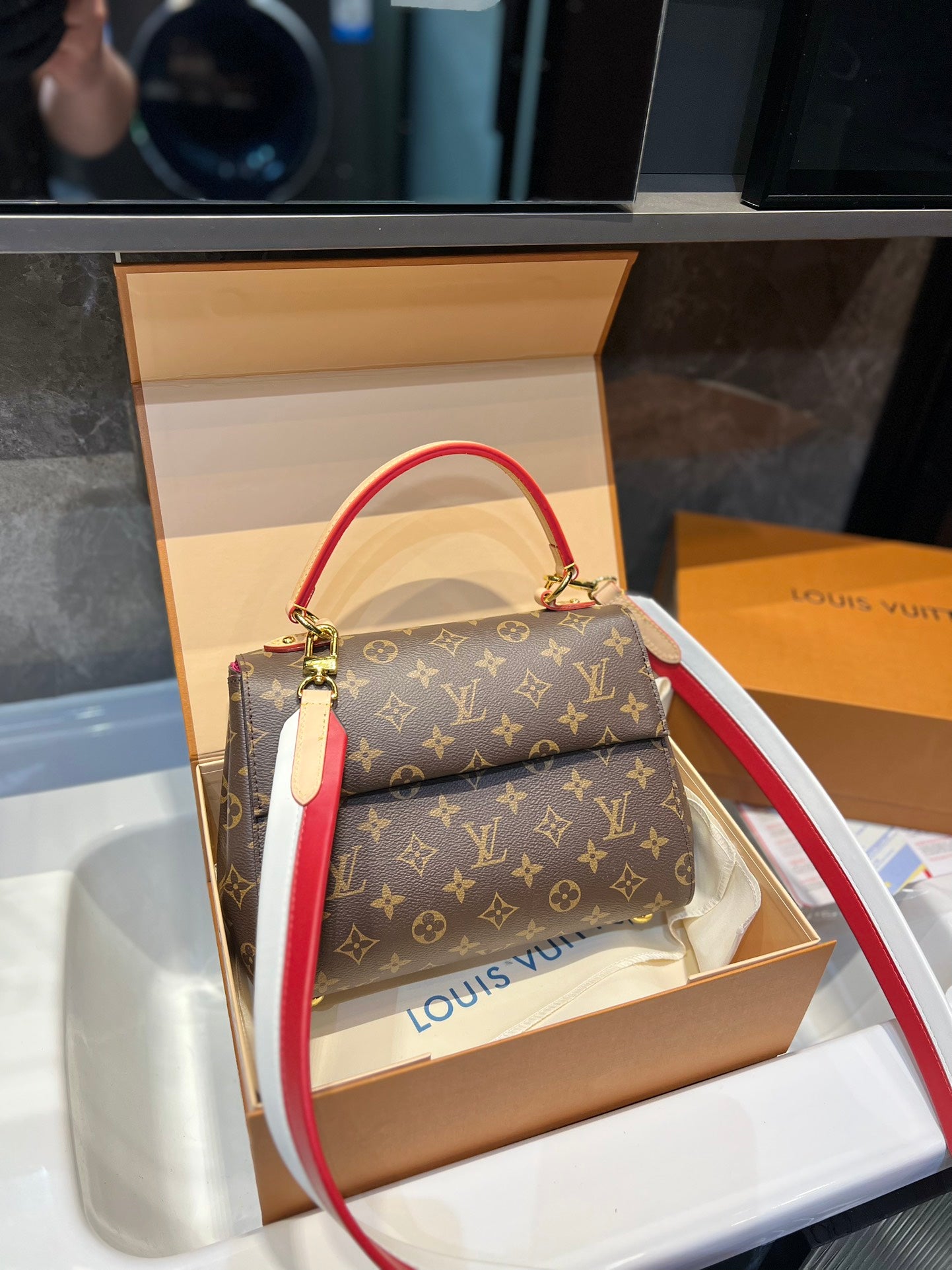 Louis Vuitton Cluny Brown Beige And Red Strap 25Cm