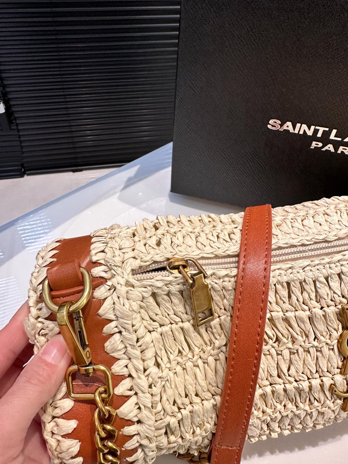 Saint Laurent Sade Raffia Tube Bag In Natural 33Cm