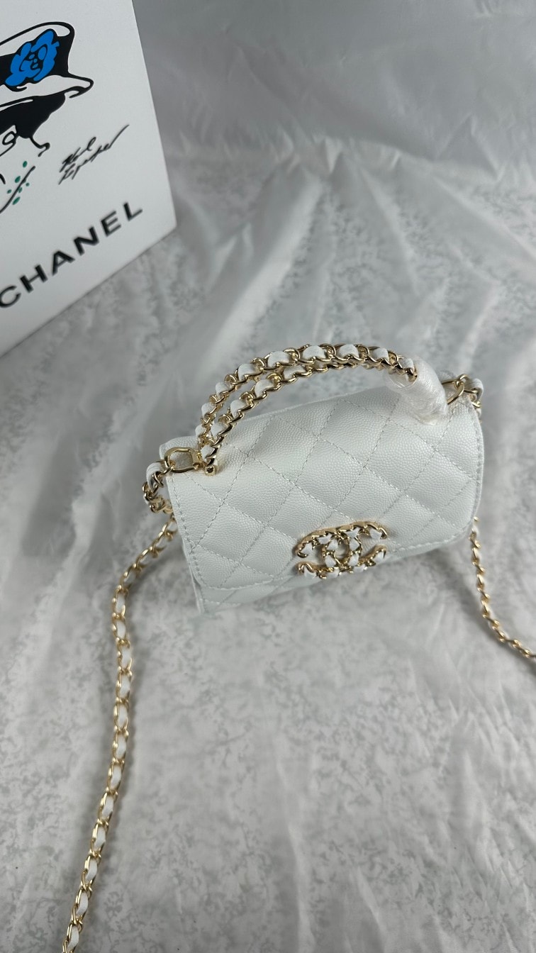 Chanel Top Handle Clutch With Chain In Caviar White 15Cm/5in
