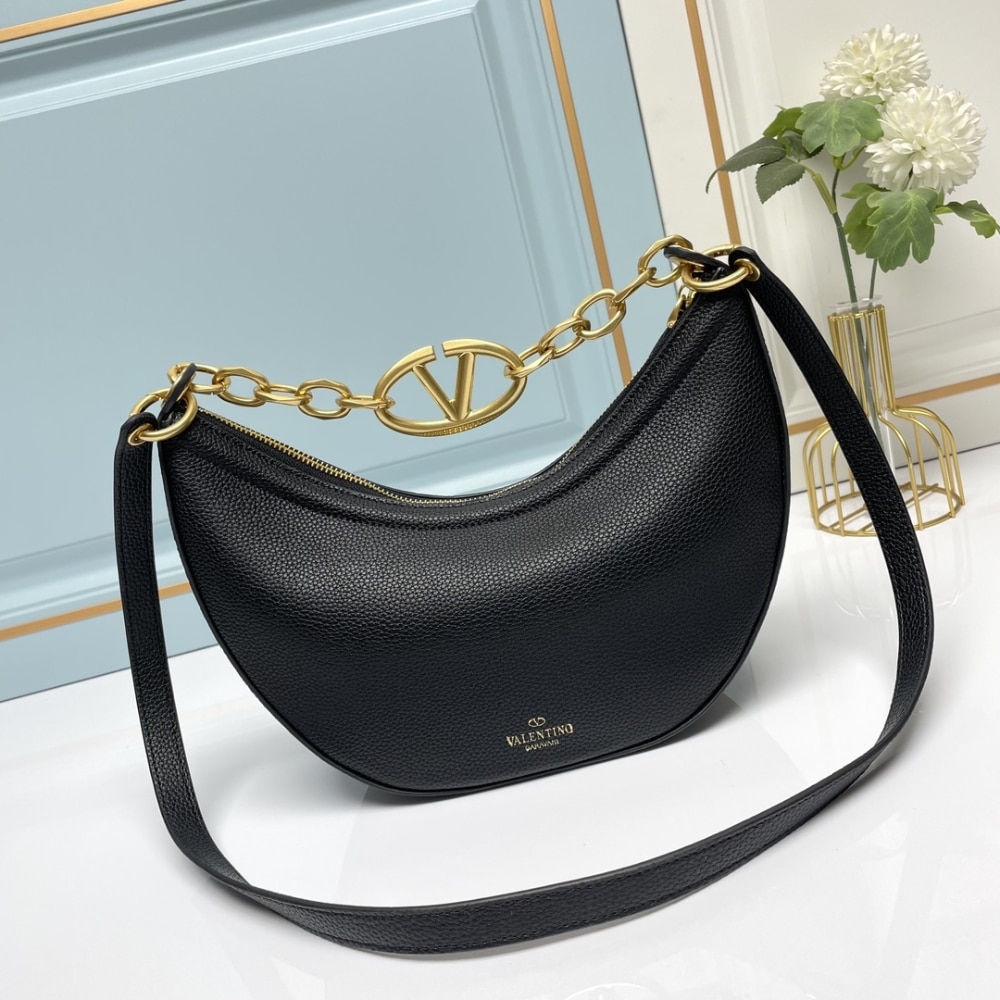 Valentino Garavani VLogo Moon Medium Grainy Hobo Bag With Chain Black 29Cm 4W0B0N59Jdk 0No