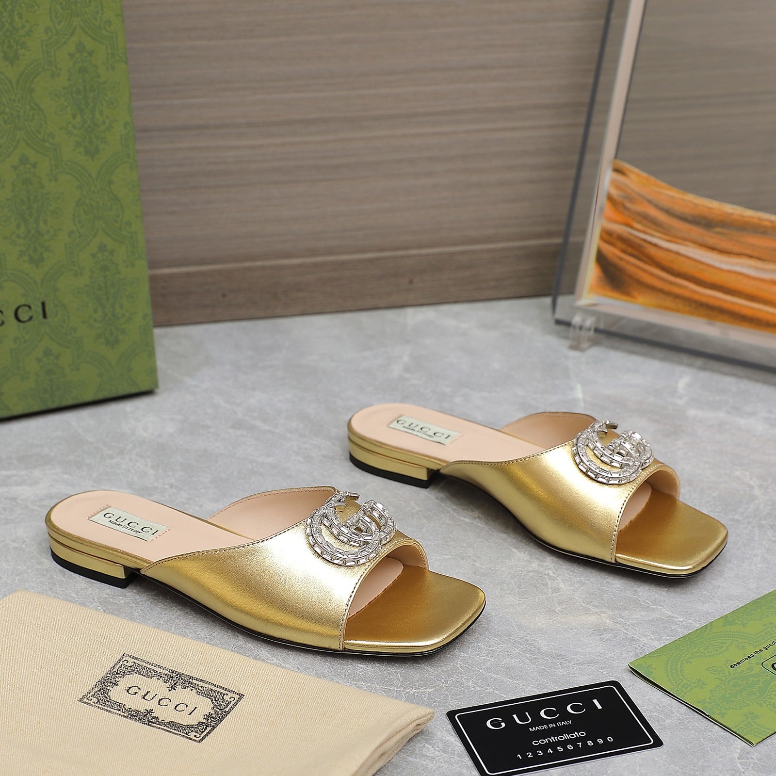 Gucci Gg Crystal Slippers Gold
