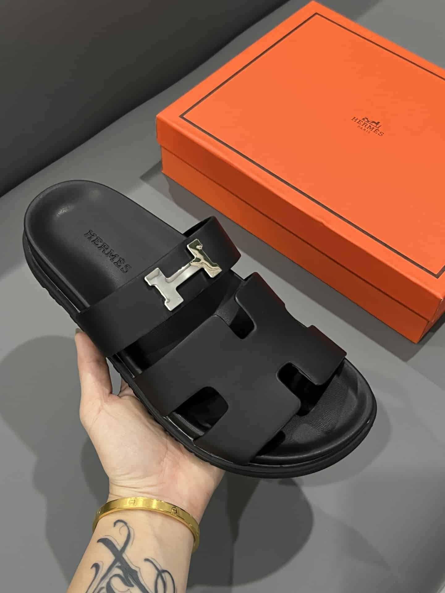 Hermes Chypre Sandal H Logo Silver Hardware Black