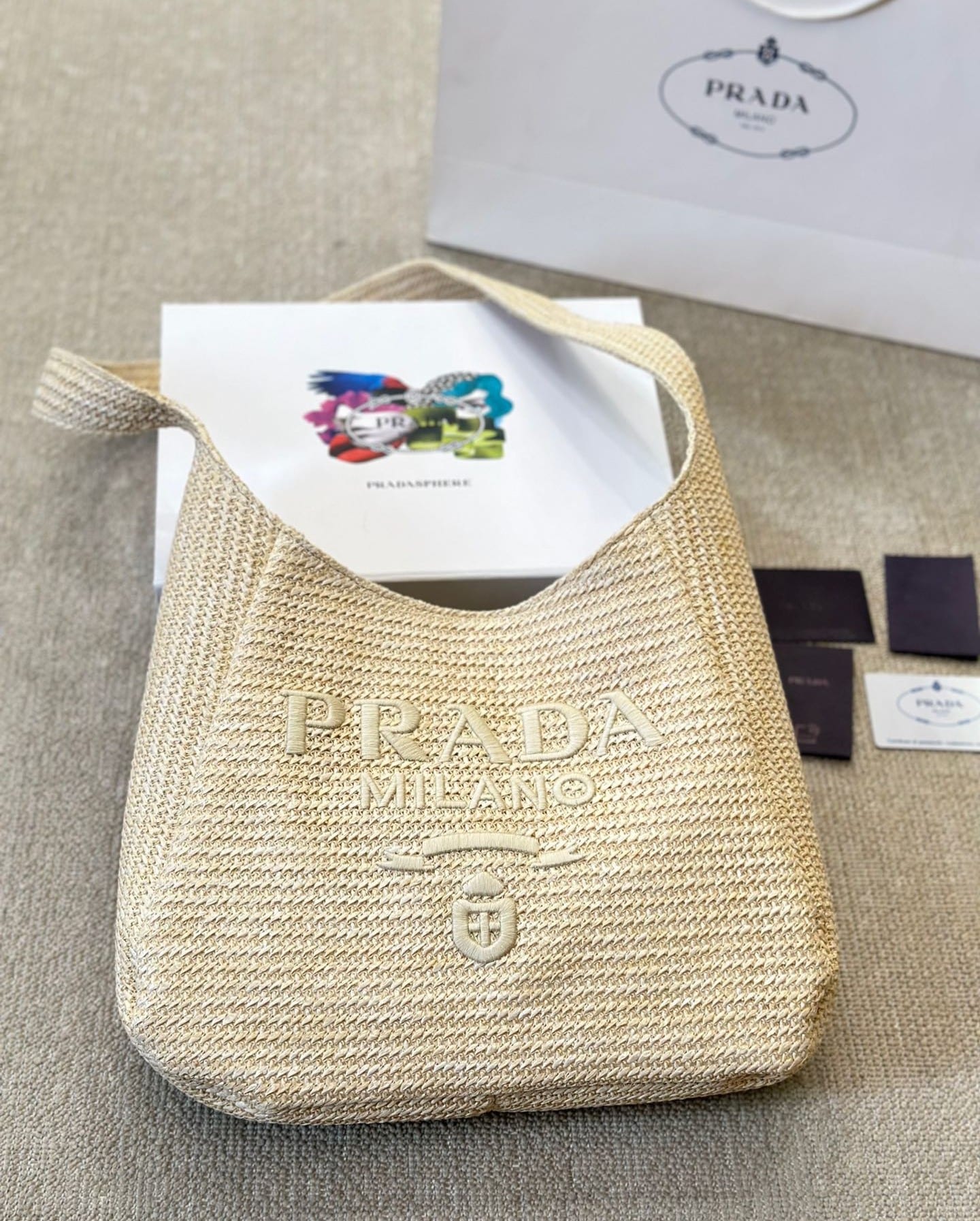 Prada Logo Embossed Raffia Shoulder Bag Beige 33Cm 1Bc186Vouo2A2T