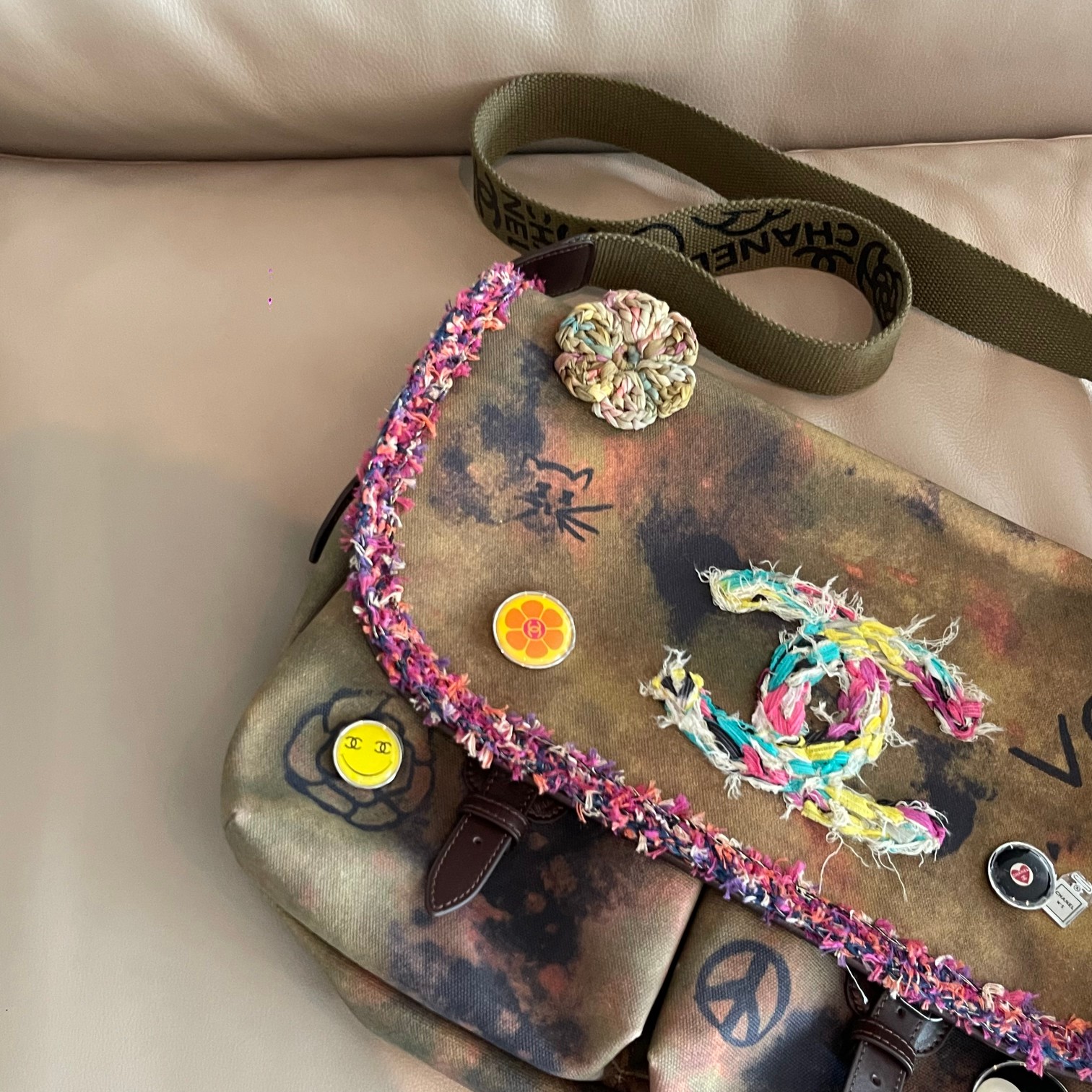 Vintage Votez Coco Graffiti Canvas Messenger Bag with Badges