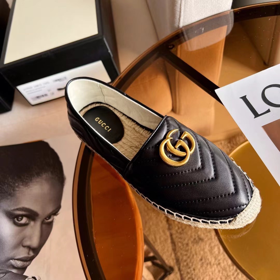 Gucci Espadrille Matelasse Chevron Leather With Double G Black 551890 Bko00 1000