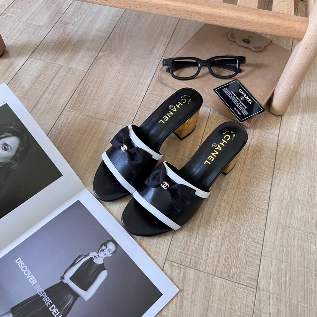 Chanel Grosgrain Ribbon Bow Mule Leather Gold Black