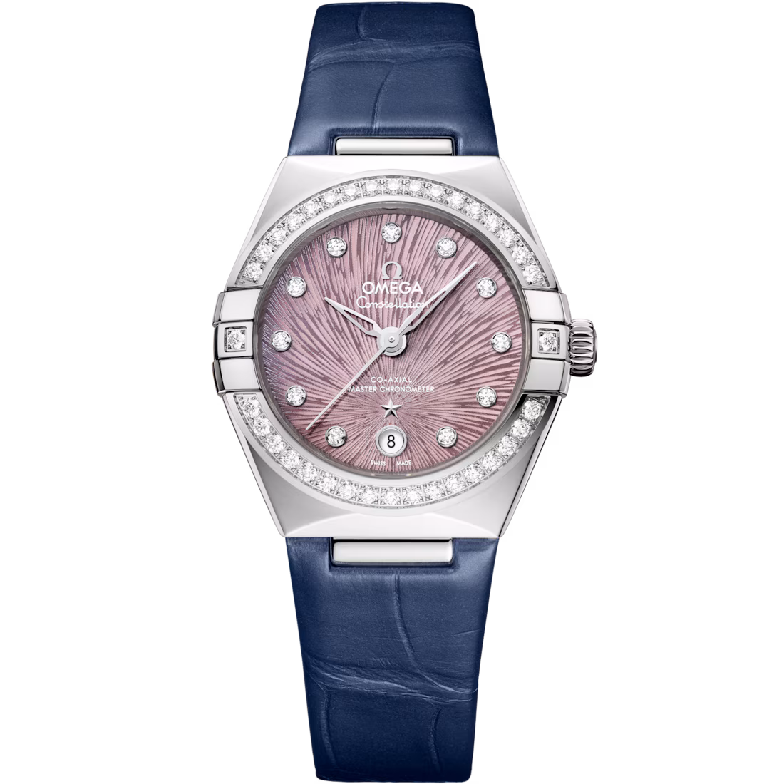 Omega Constellation - 29mm Steel Case - Diamond Bezel - PVD Lilac Dial - Blue Leather Strap 131.18.29.20.60.001