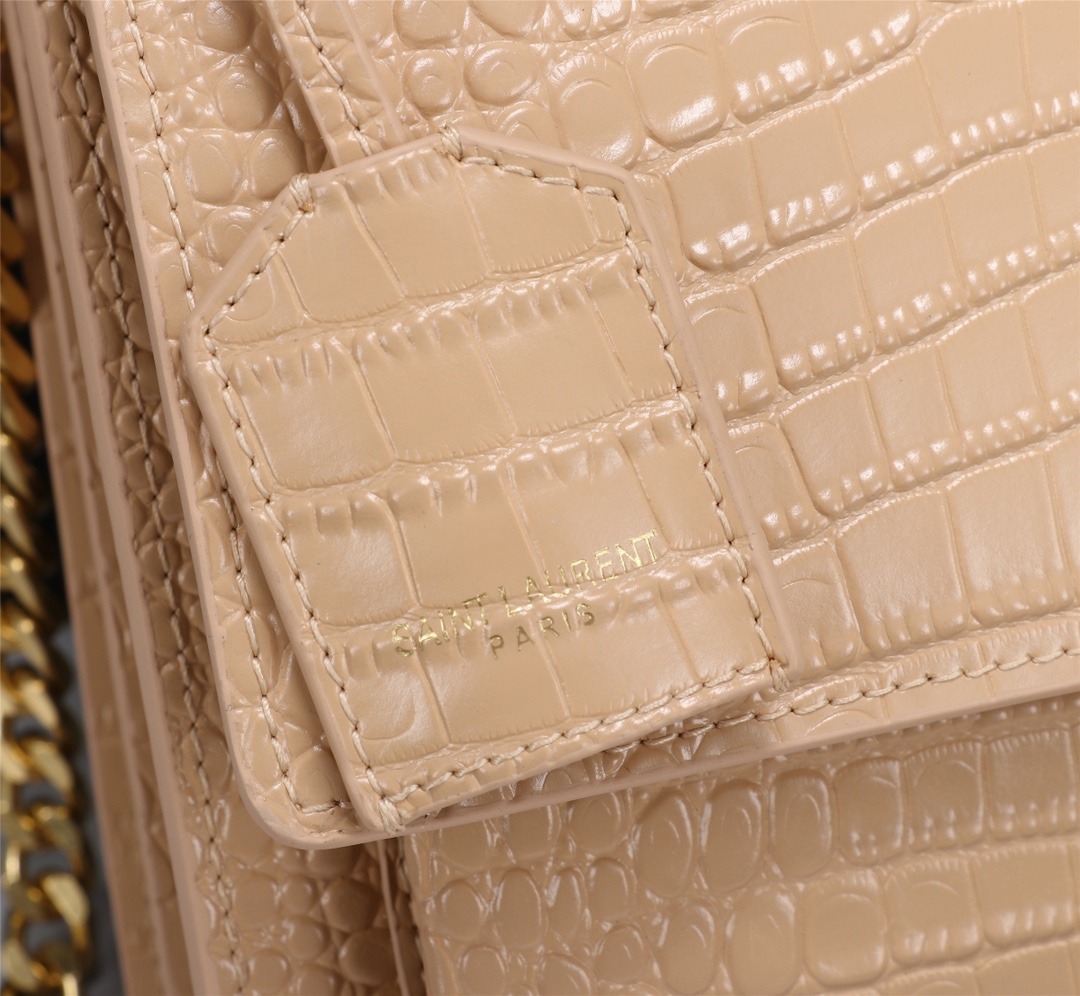 Saint Laurent Sunset Medium Chain Bag In Crocodile Embossed Shiny Apricot 22Cm