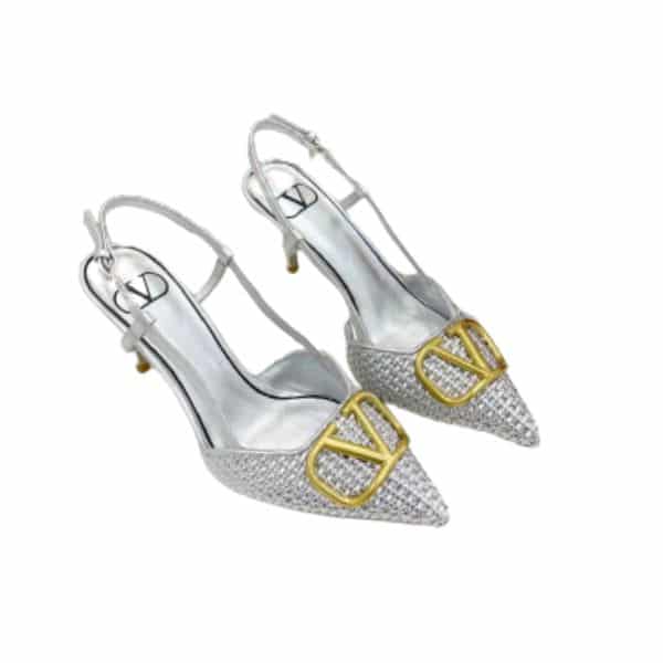 Valentino Garavani VLogo Woven Leather Slingback Pumps Silver