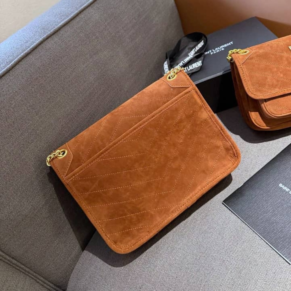 Saint Laurent Niki Baby Quilted Suede Chain Bag Brown 28cm