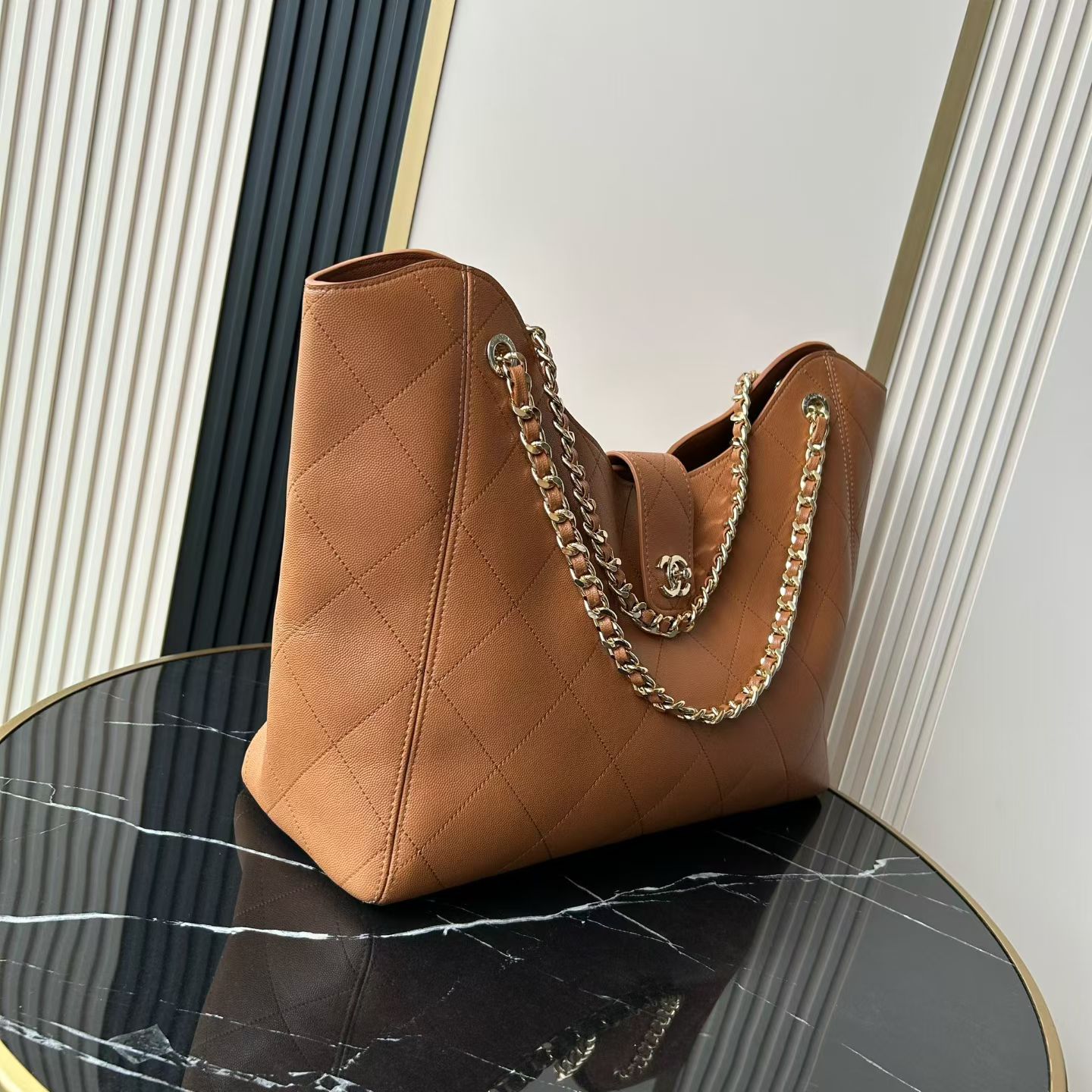 25K Caramel Quilted Caviar Leather Tote Handbag with Gold-Tone Hardware