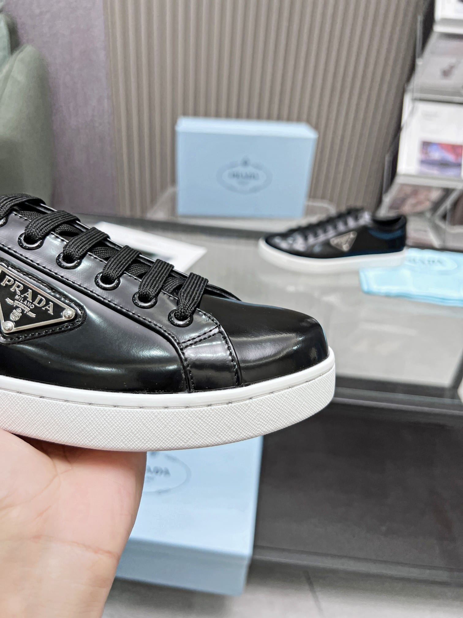 Prada Logo Sneakers In Brushed Leather Black