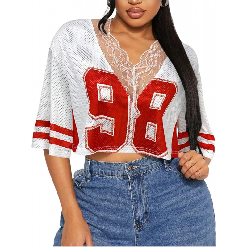 Women's Number Graphic Tees Lace V Neck