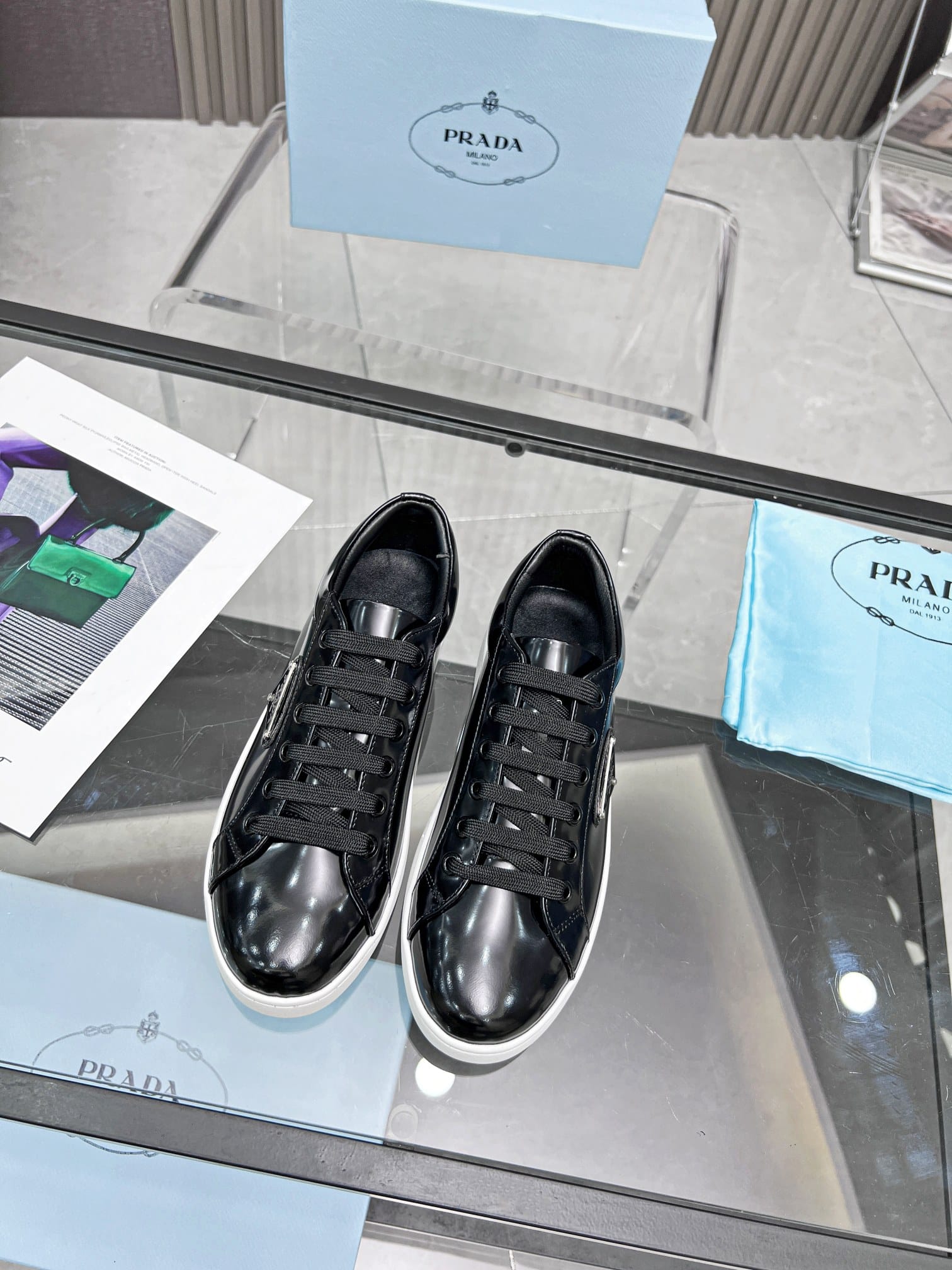 Prada Logo Sneakers In Brushed Leather Black