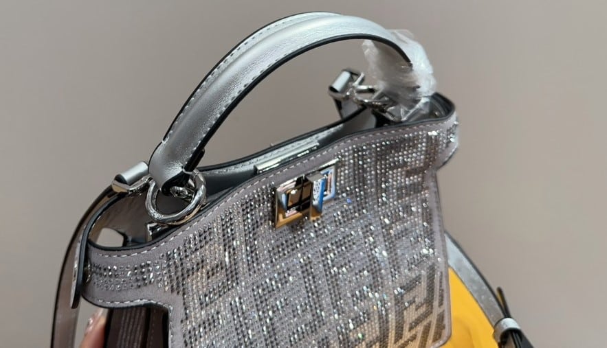 Fendi Peekaboo Iseeu Petite Silver Leather Bag With Crystal Ff Motif 21Cm