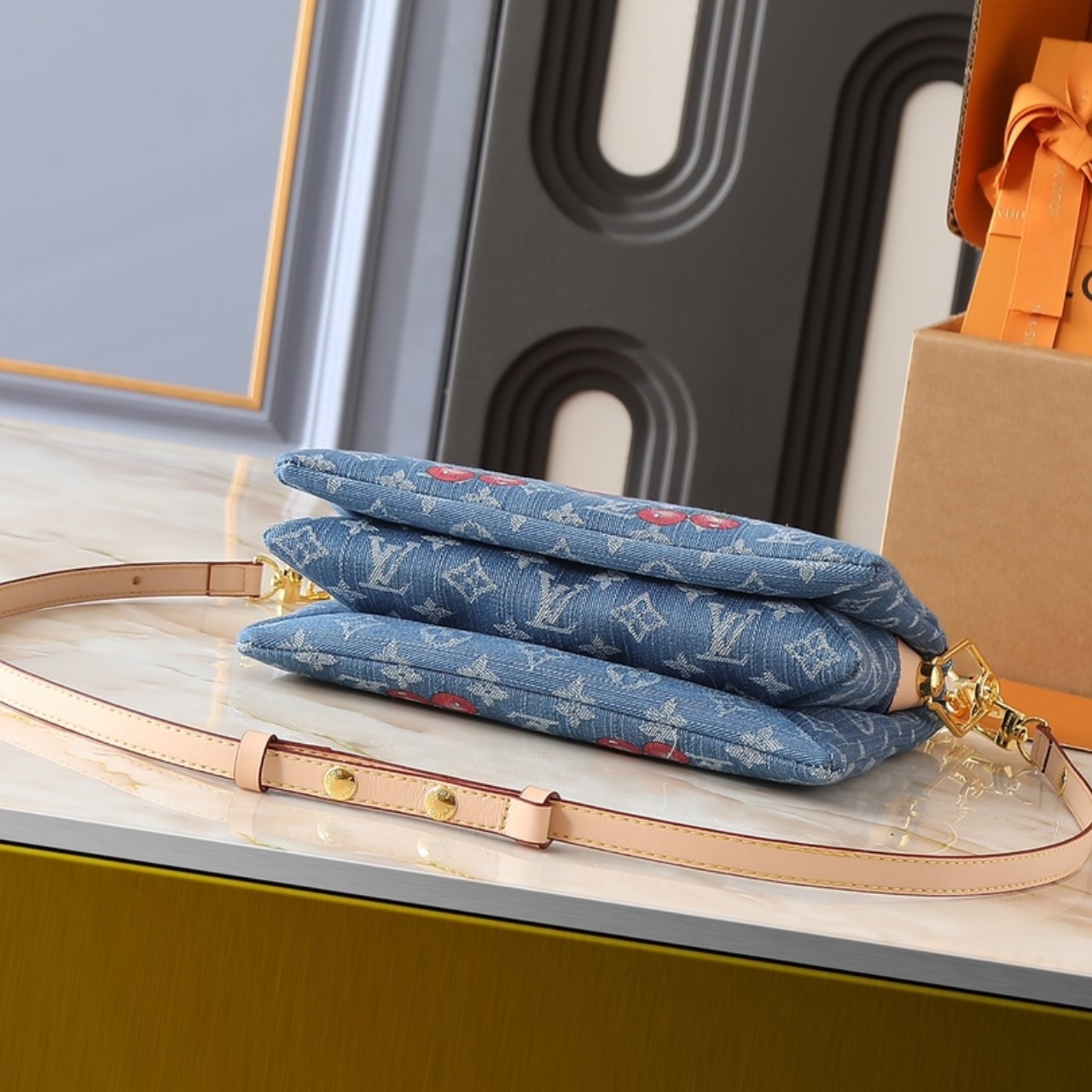 Louis Vuitton X Takashi Murakami PM Coussin Bag Denim Monogram Cherry Blue 26Cm M14978