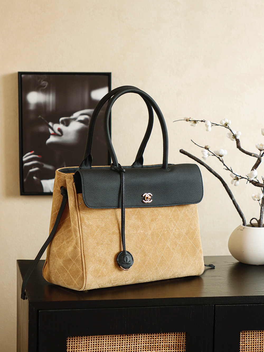 Vintage 90s Quilted Turnlock Tote Bag in Camel Suede & Black Caviar Leather with Gold-Tone Hardware