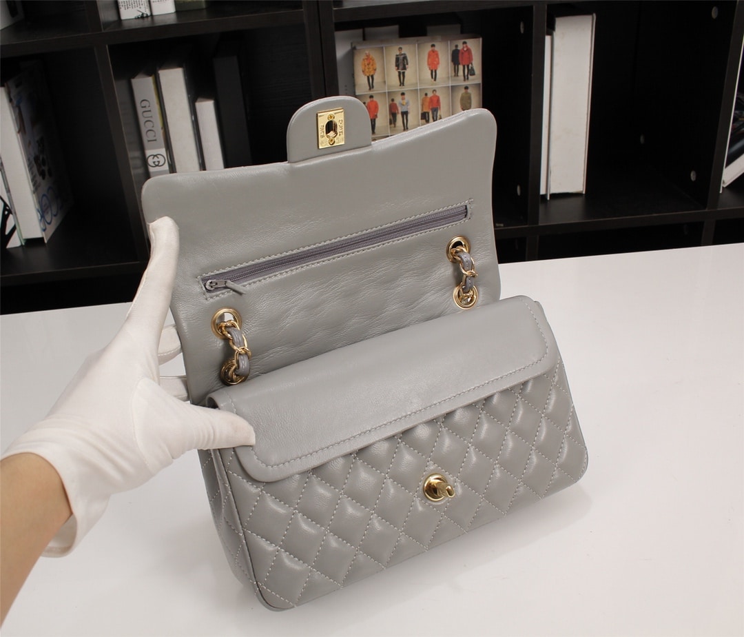 Chanel Classic Double Flap Bag Gold Hardware Gray 25Cm