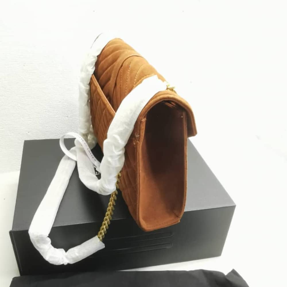 Saint Laurent Envelope Medium Matelassé Suede Shoulder Bag Brown 24Cm