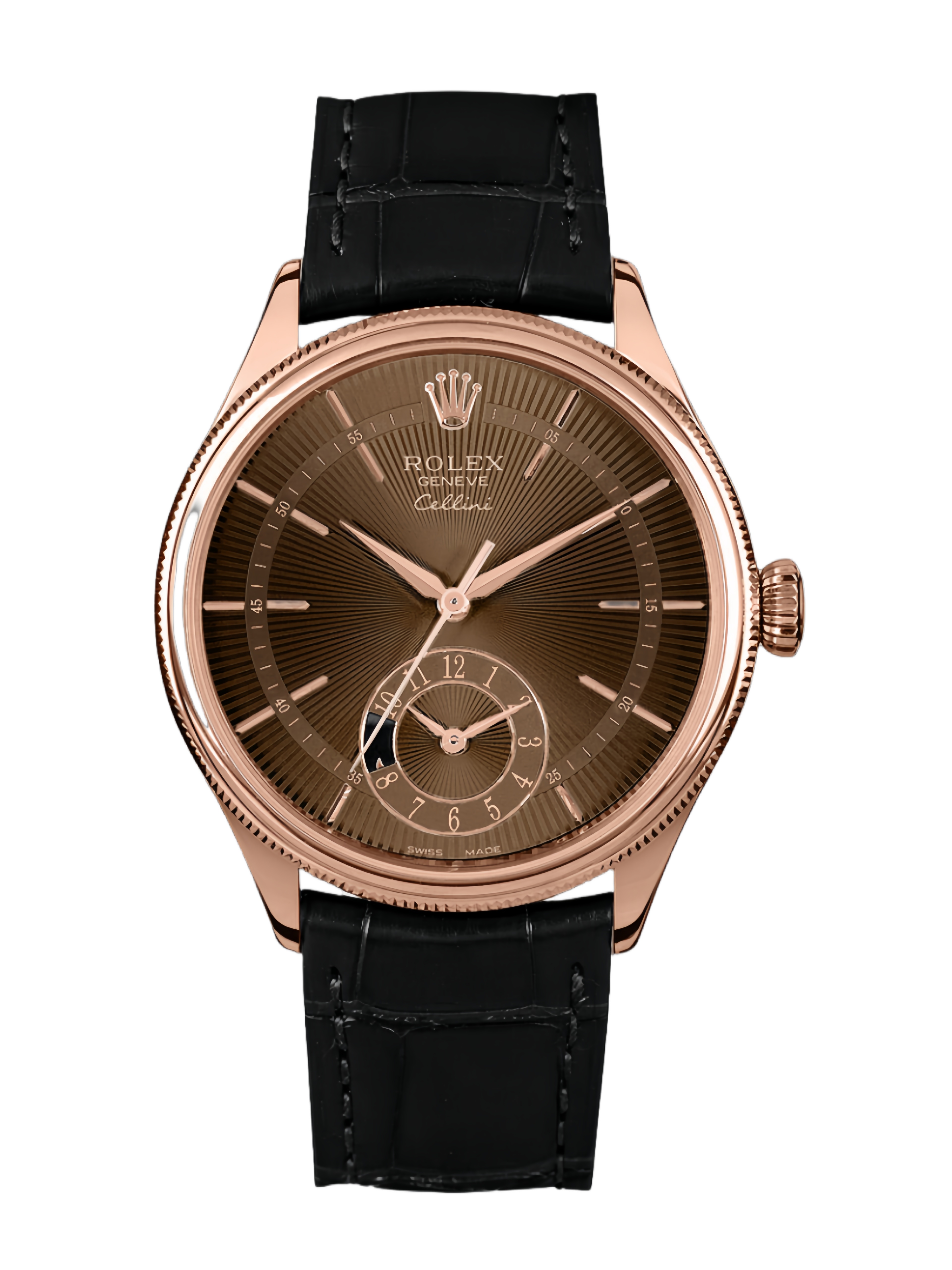 【Super Clone】Rolex Cellini Dual Time 50525 Brown Guilloche Dial Black Leather Strap 39mm Mens Replica Watch