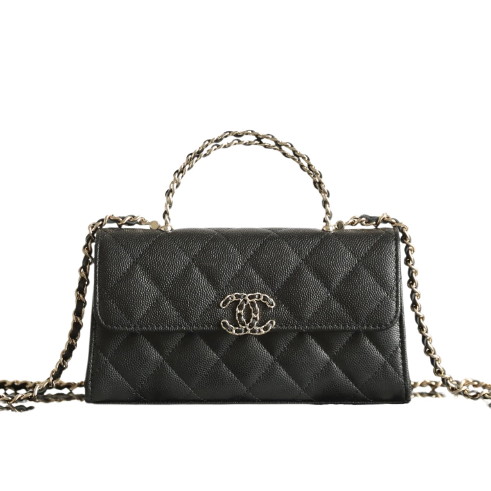Chanel Caviar Quilted Chain Top Handle Phone Holder With Chain Black 18cm