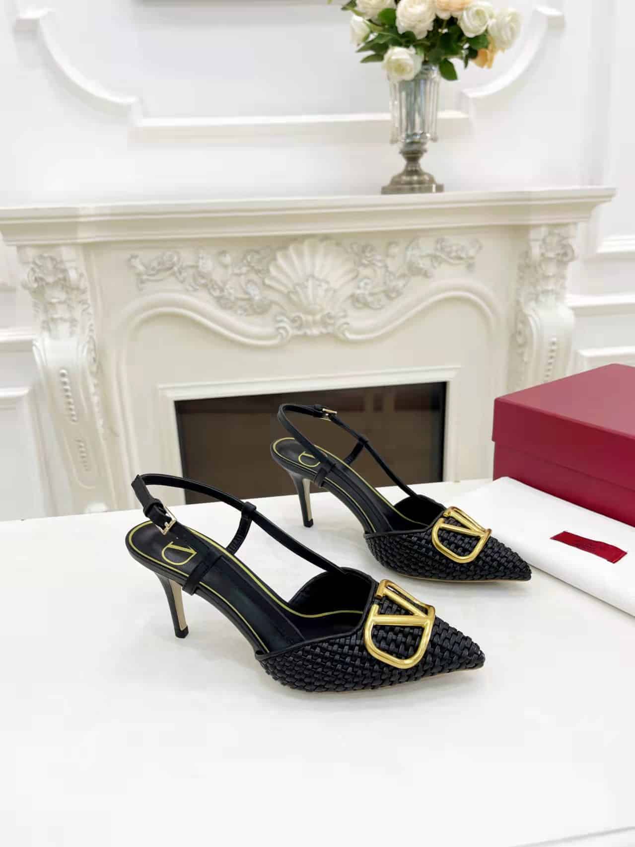 Valentino Garavani Vlogo Woven Leather Slingback Pumps Black