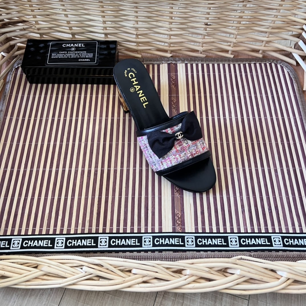Chanel Grosgrain Ribbon Bow Mule Tweed Pink G45691