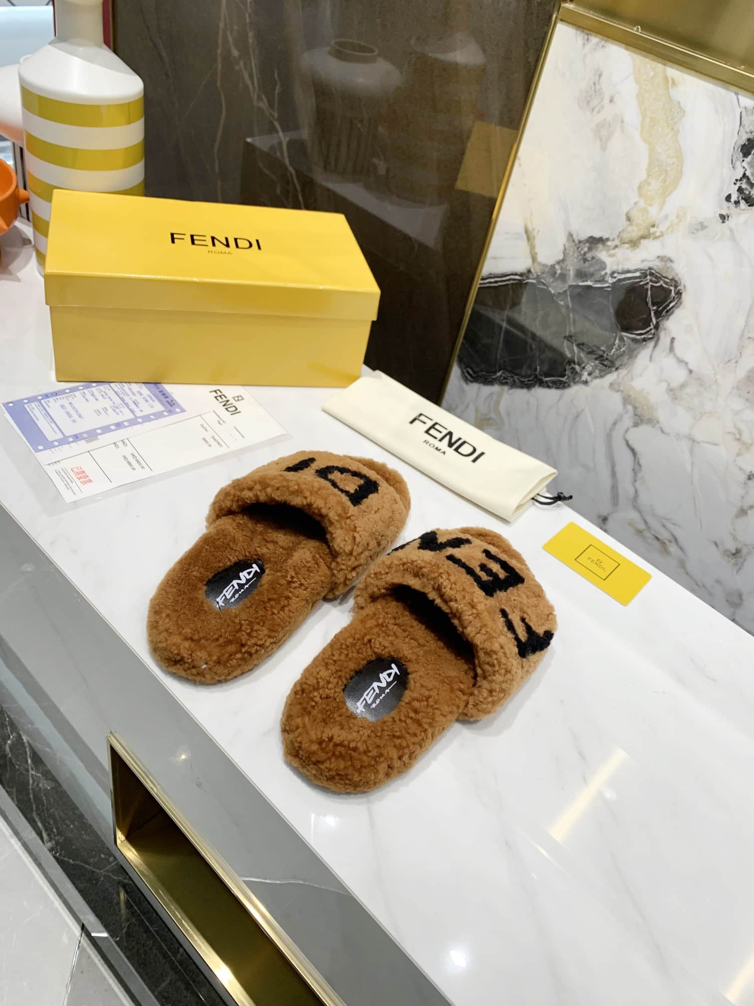 Fendi Shearling Slides Brown