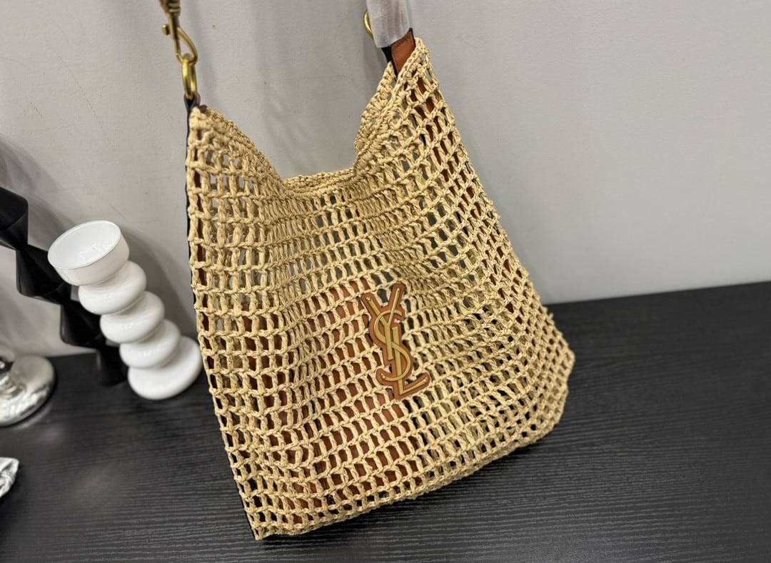 Saint Laurent Oxalis In Raffia Crochet And Leather Naturel 41Cm 773984Gaaeb9718