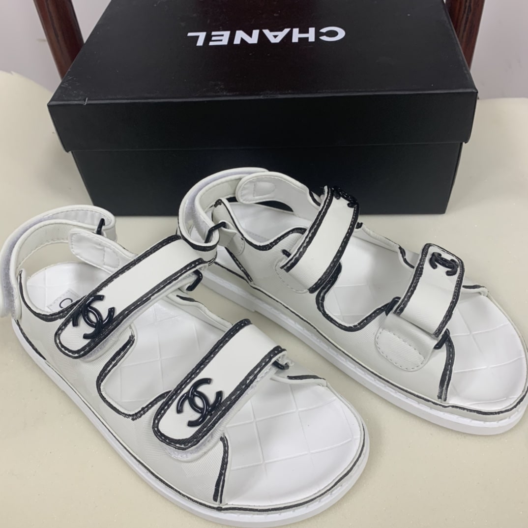 Chanel Calfskin Printed Velcro Dad Sandals White Black