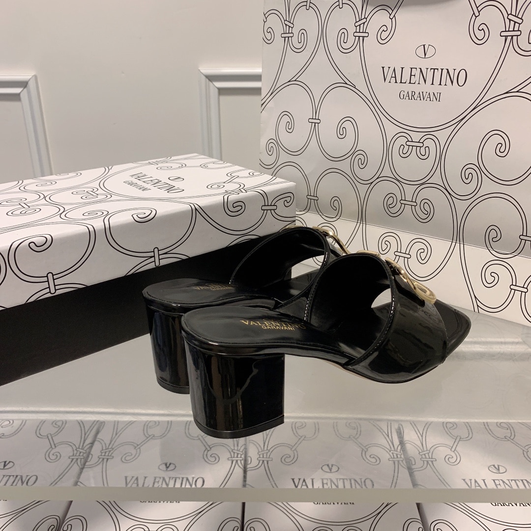 Valentino VLogo Signature Square-Toe Mid-Heel Slide Sandals - Black