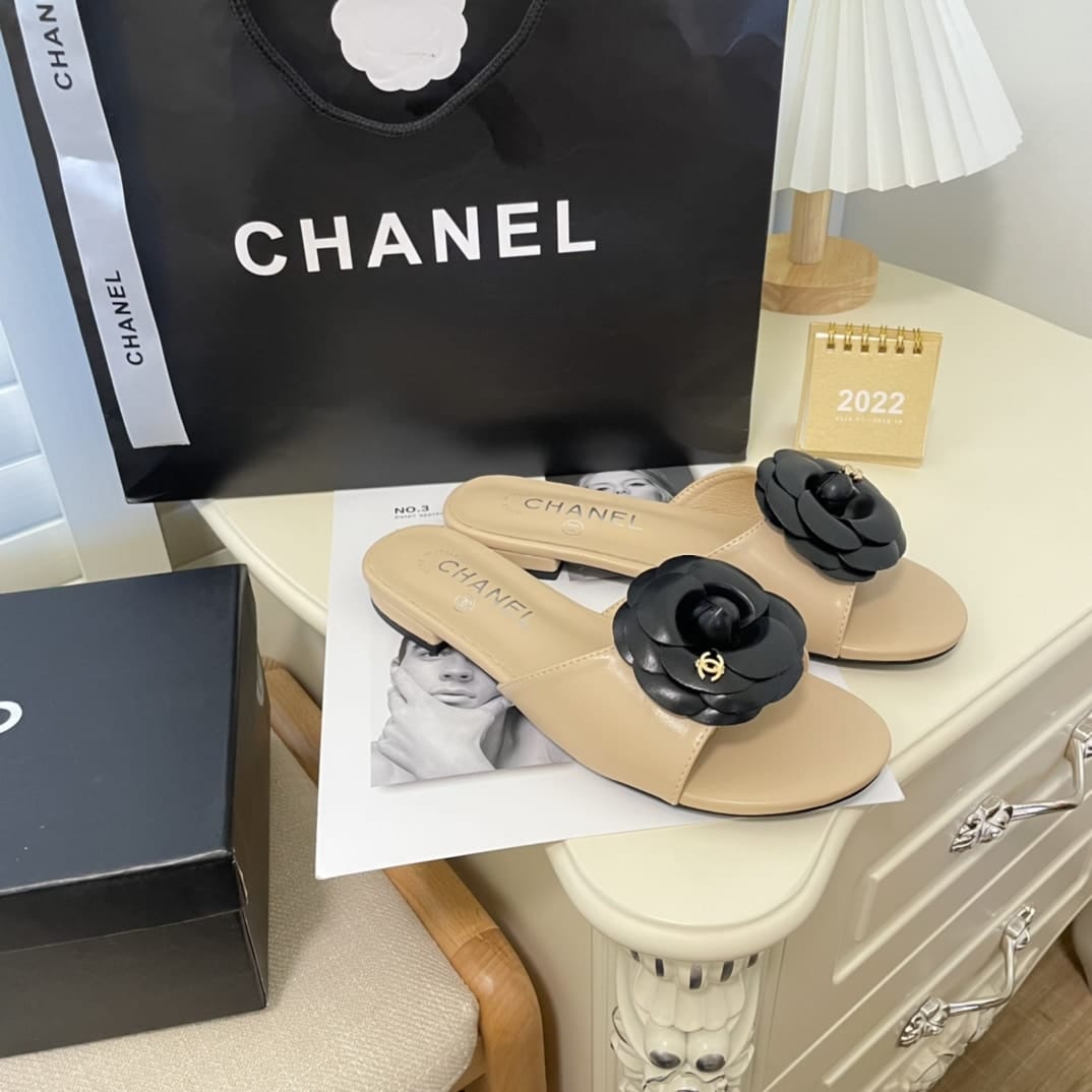 Chanel Black Camellia Slides Beige