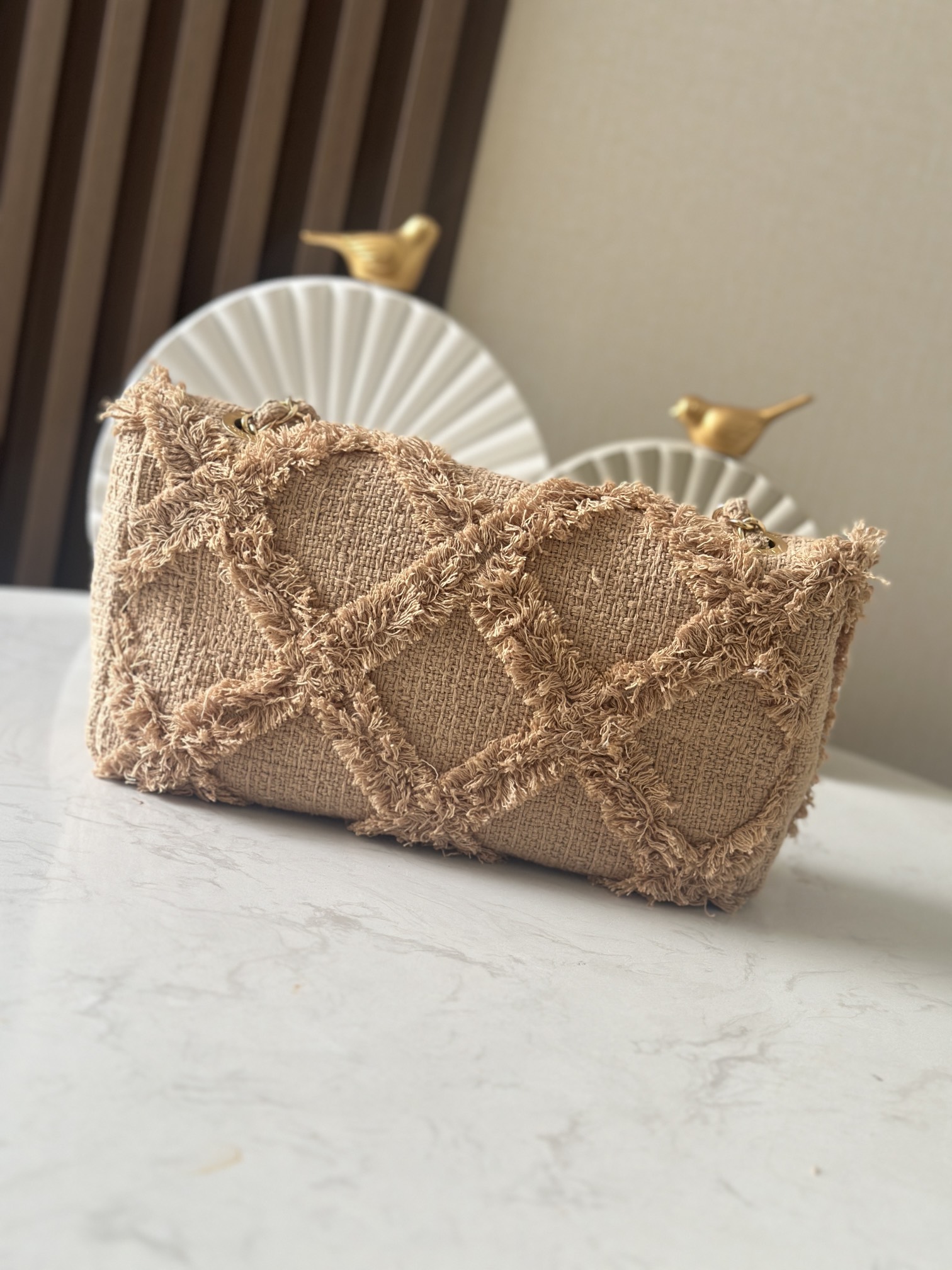 2010SS Coco Farm Linen Frayed Quilted Flap Shoulder Bag with Gold Hardware